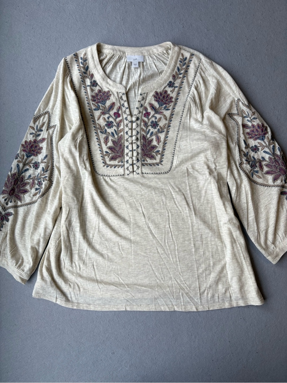J. Jill Cream Embroidered Boho Tunic with Button Placket Floral Detail Sz L